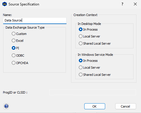 ProMax 7.0 Data Exchange source specification with PI, OPC-HDA, ODBC, Excel and custom source options