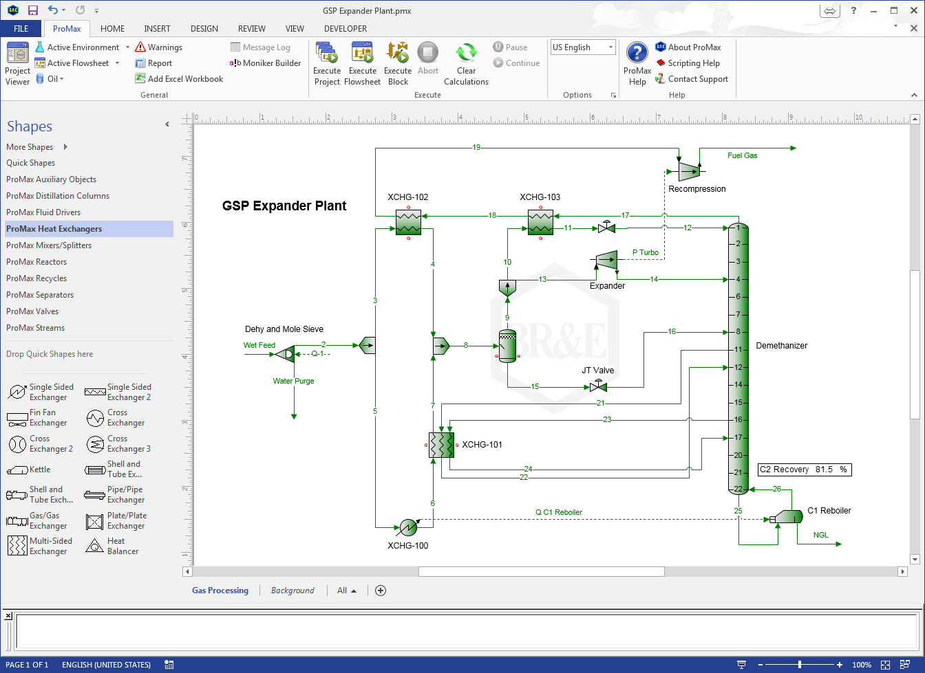 ProMax running inside Microsoft Visio with a solved gas processing expander plant flowsheet