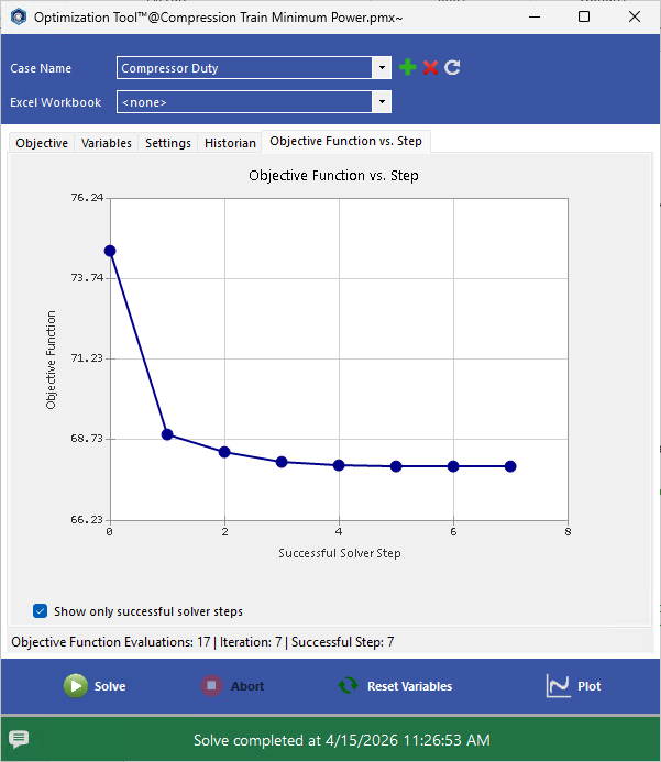 ProMax Optimization Tool showing an objective function converging over successful solver steps